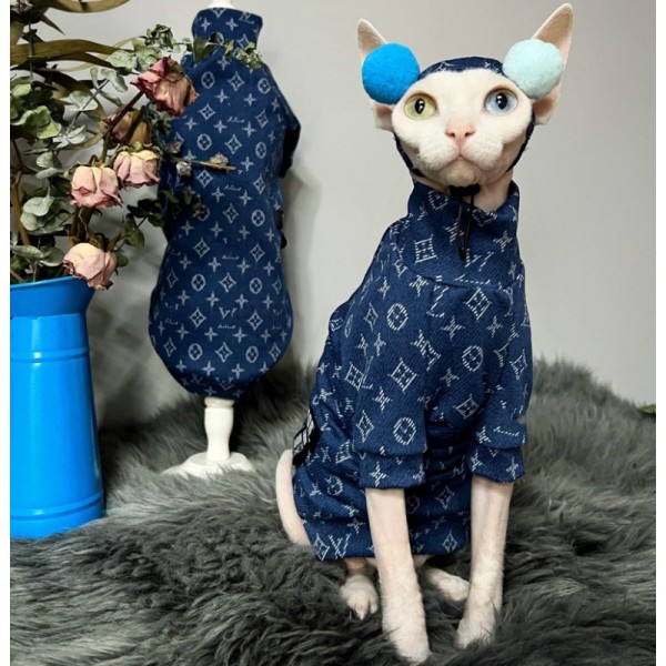 ルイヴィトン猫服 ハイネックTシャツ コットン100％ 無毛猫スフィンクス服 タイツ服 louis Vuitton 子犬ウェア ブランドペット洋服 デニム地 暖かい 着心地よい ねこちゃん服 人気モノグラム キズ防止 小中大型猫 小中型犬 